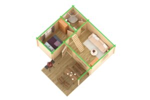 Casa de madera con un dormitorio 26m² | 70mm | 6x5m (corte transversal)