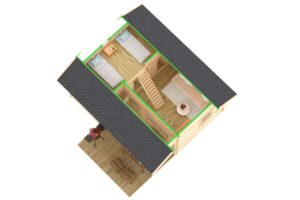 Casa de madera con un dormitorio 26m² | 70mm | 6x5m (vista superior)