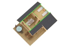 Casa de madera con dos dormitorios 43m² | 70mm | 7x7m (vista superior)