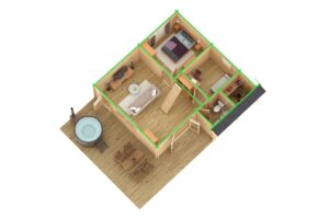 Casa de madera con dos dormitorios 43m² | 70mm | 7x7m (corte transversal)