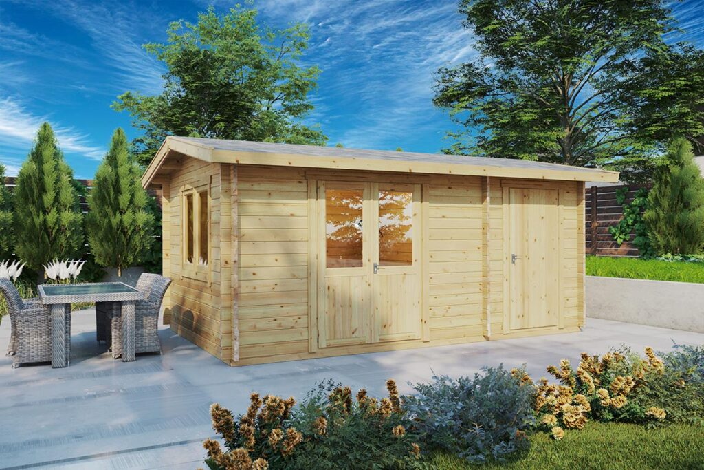 Casa de madera con cenador en el jardín