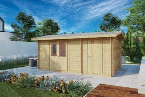 Casa de madera con cenador en el jardín 