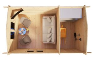 Casa de madera con cenador en el jardín