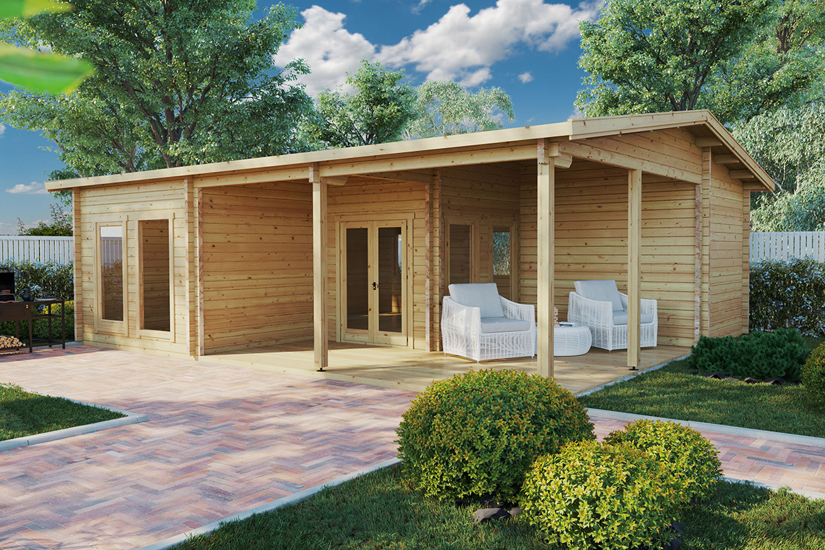 Casa de madera con dos dormitorios Holiday K / 40m² / 10x6m / 70mm - Casetas  de Jardin 24