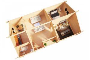 Casa de madera con dos dormitorios 70m² | 70mm | 12x6m (corte transversal)