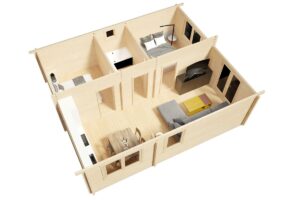 Casa de madera con dos dormitorios 42m² | 70mm | 6x7m (vista superior)