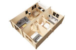 Casa de madera con dos dormitorios 42m² | 70mm | 6x7m (plano)
