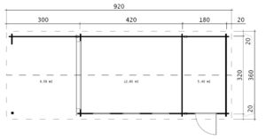 Caseta de jardín con porche y trastero Super Eva E 18 m2 / 9x3 m / 44 mm