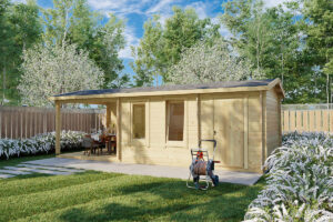 Caseta de jardín Super Nora E con porche y trastero 15m² 8x3m 44mm