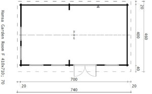 Caseta de madera modelo F 26m² 7x4m 70mm