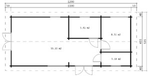 Casa de madera con dos dormitorios Murcia 47 m2 / 11 x 4 m / 70 mm