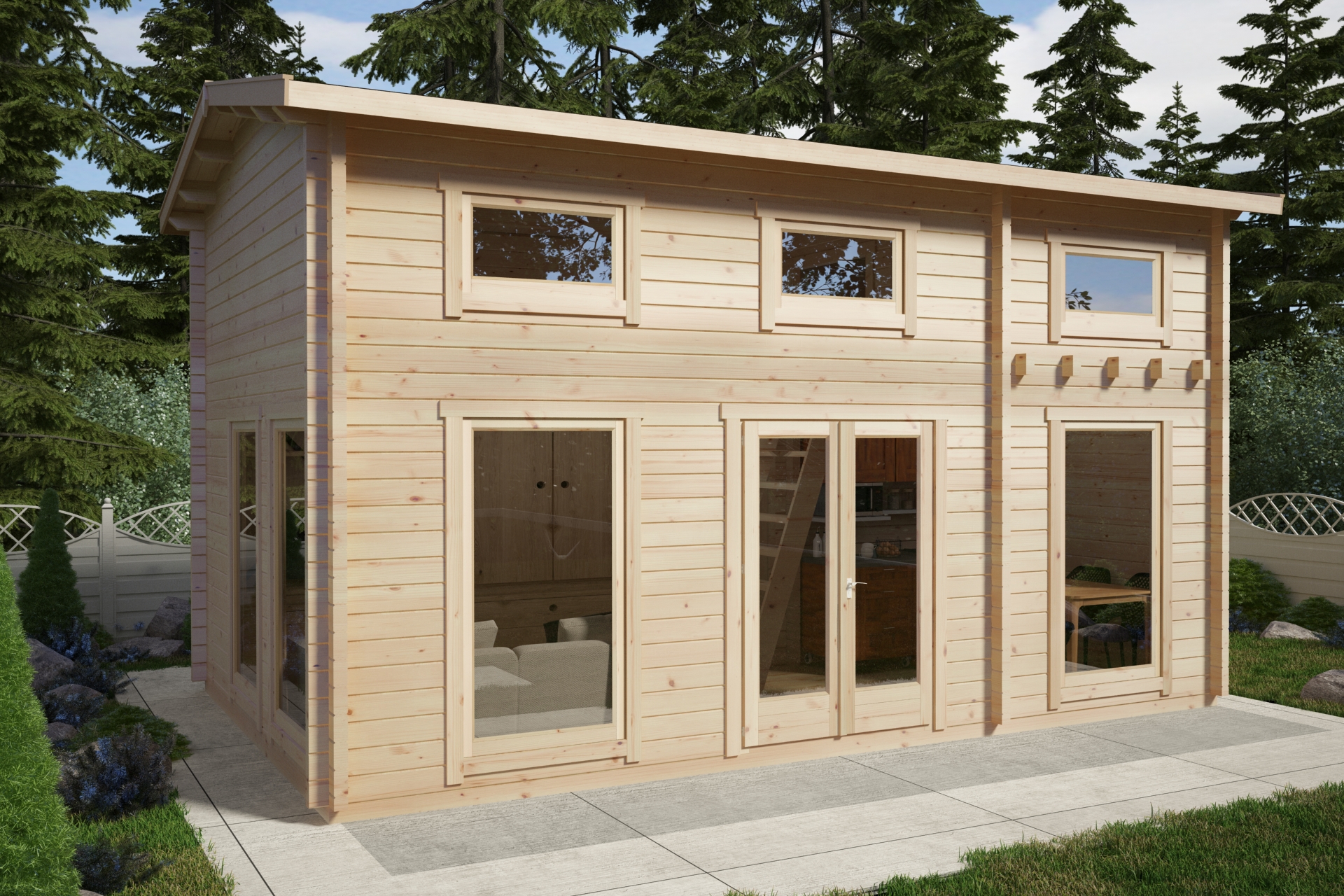 Caseta de madera con altillo Sweden B  / 30 m2 / 6 x 4 m / 70 mm