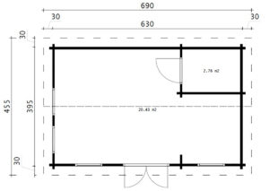 Wooden Lodge with Bathroom Sweden A 23m2 / 6 x 4 m / 70mm