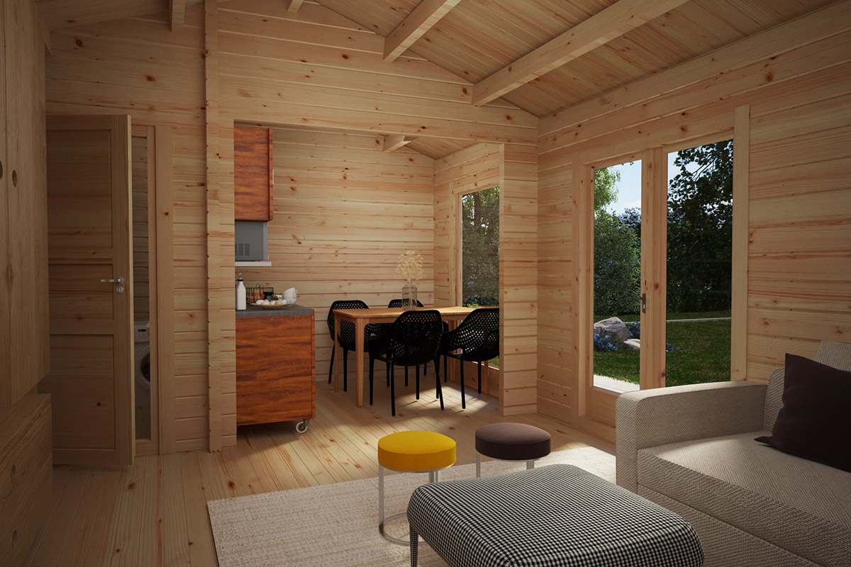 Casa de madera con baño Sweden A / 23m² / 6x4m / 70mm - Casetas de Jardin 24
