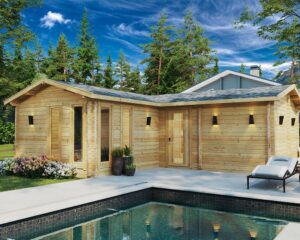 Caseta de madera grande con sauna Devon-3 | 40m2 | 7.5x3.9x3.4m | 70mm | G0284-1