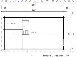 Casa de madera con altillo Sweden J / 35m2 / 7x4m / 70mm