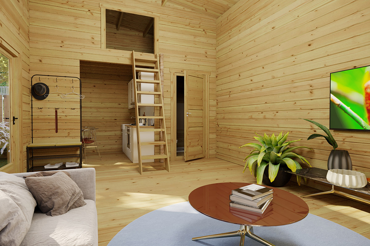 Casa de madera con baño Sweden A / 23m² / 6x4m / 70mm - Casetas de