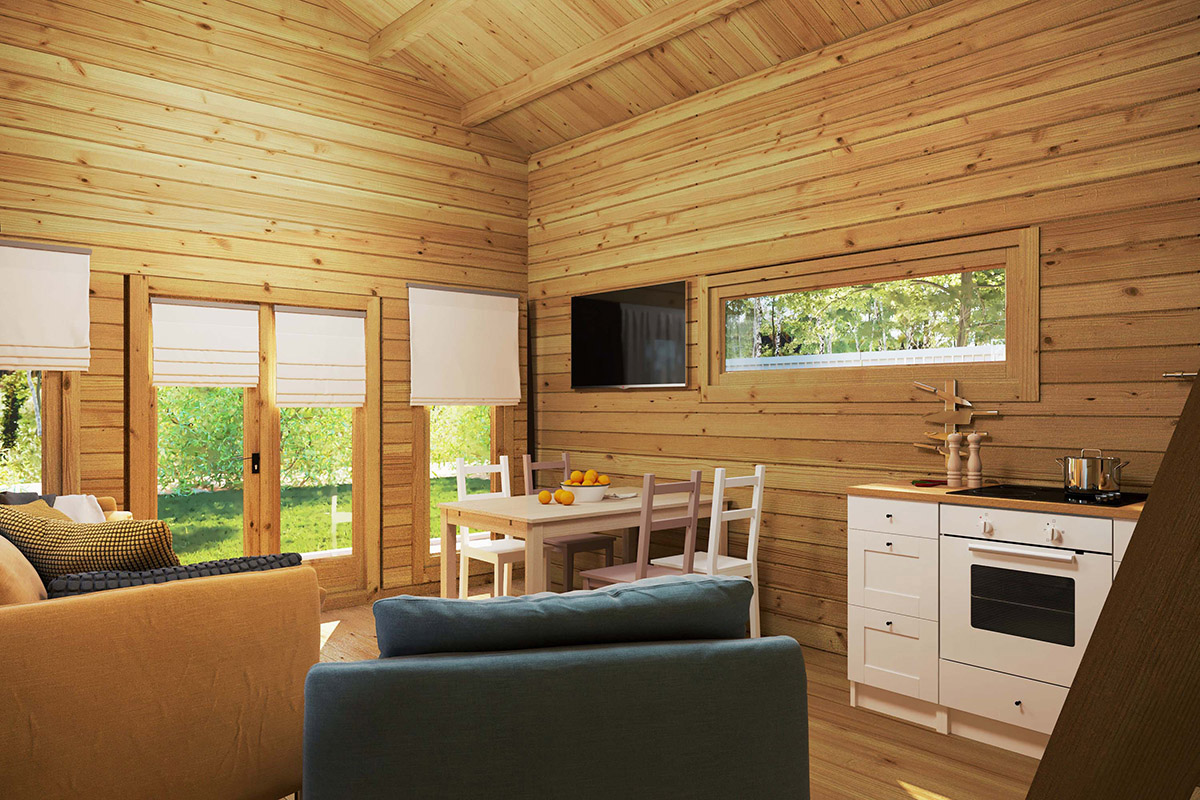 Casa de madera con baño Sweden A / 23m² / 6x4m / 70mm - Casetas de
