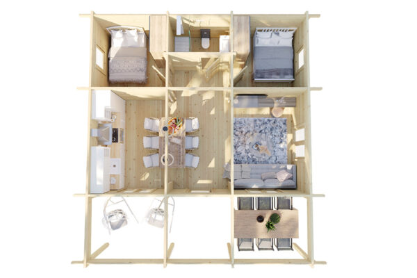 Casa de madera con dos dormitorios Holiday R 40m2 8x8m 70mm