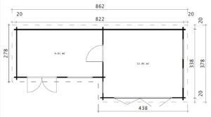 Caseta de jardín Amelia con dos estancias 22 m2 / 8x4m / 44mm