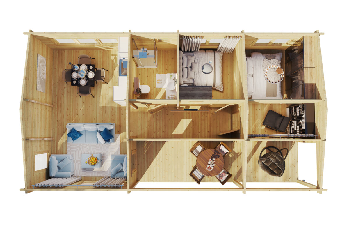 Casa de madera con dos dormitorios Holiday K / 40m² / 10x6m / 70mm - Casetas  de Jardin 24