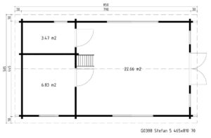 Casa de madera con un dormitorio y altillo “Stefan 5” / 33m² + 10m² / 8m x 4m / 70mm.