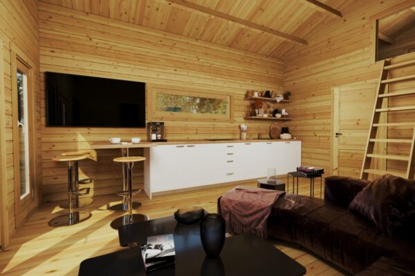 Casa de madera con un dormitorio y altillo “Stefan 5” / 33m² + 10m² / 8m x 4m / 70mm.
