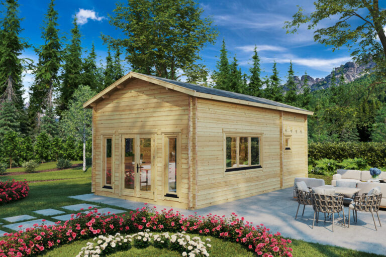 Casa de madera con un dormitorio y altillo “Stefan 5” / 33m² + 10m² / 8m x 4m / 70mm.