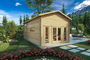 Casa de madera con un dormitorio y altillo “Stefan 5” / 33m² + 10m² / 8m x 4m / 70mm.