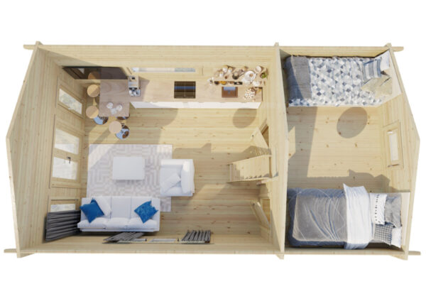 Casa de madera con un dormitorio y altillo “Stefan 5” / 33m² + 10m² / 8m x 4m / 70mm.