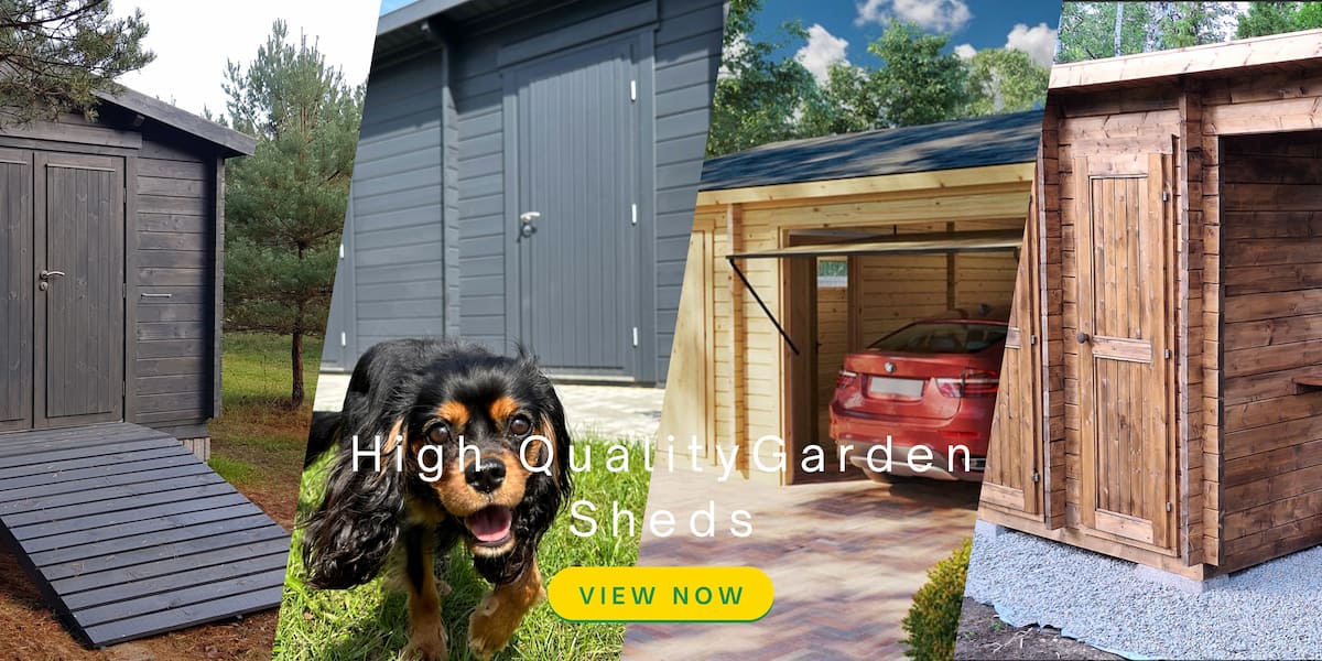 several garden sheds depicted with the text 'high quality garden sheds, view now'