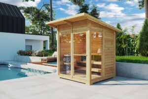 cabaña sauna madera moderna junto piscin