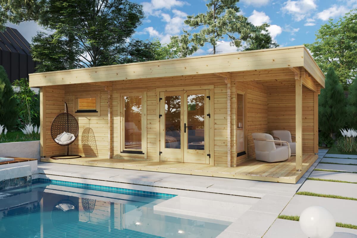cabaña sauna madera piscina terraza