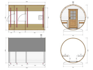 Barrel sauna M with terrace or veranda. Drawings