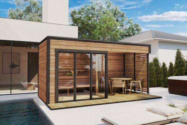 Sauna exterior con porche “Geira” 5 × 2 m  40 mm (madera termotratada)