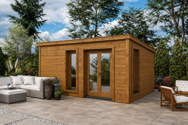 Caseta de jardín Ryan totalmente aislada con revestimiento de madera Termotratada – 14 m² / 5 × 3 m