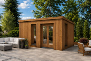 Caseta de jardín Ryan totalmente aislada con revestimiento de madera Termotratada – 14 m² / 5 × 3 m