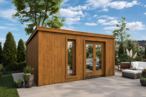 Caseta de jardín Ryan totalmente aislada con revestimiento de madera Termotratada – 14 m² / 5 × 3 m