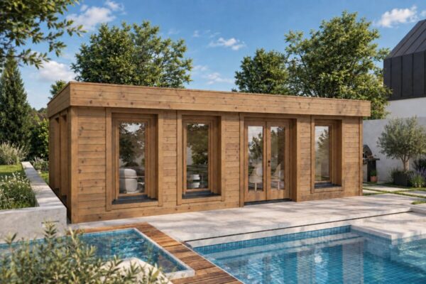 Fully Insulated Model E Wooden Garden Room with Thermowood Cladding – 26 m² / 7 × 4 m