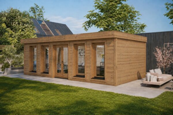 Fully Insulated Model A Wooden Garden Building with Thermo Wood Cladding – 30 m² / 8 × 4 m
