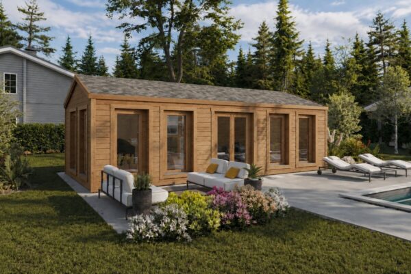 Fully Insulated Model C Timber Garden Room with Thermo-Treated Wood Cladding – 30 m² / 8 × 4 m