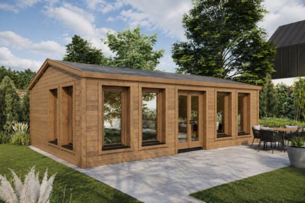 Large Fully Insulated Model D Timber Garden Room with Thermo-Treated Wood Cladding – 38 m² / 8 × 5 m