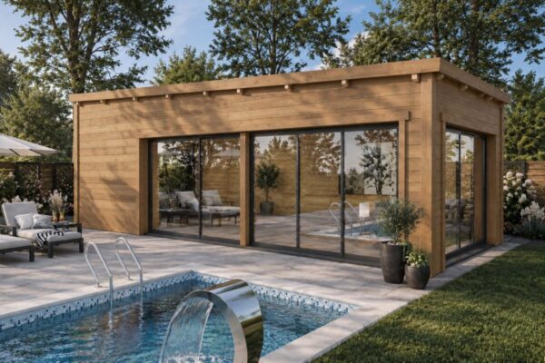Salón de jardín Ibiza totalmente aislado con revestimiento de madera Termotratada – 33 m² / 9 × 4 m