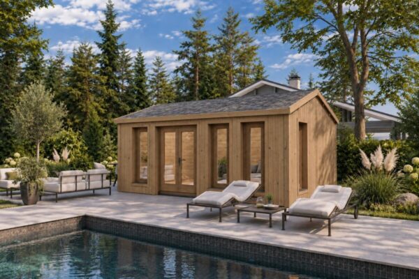 Caseta de jardín Barcelona totalmente aislada con revestimiento de madera Termotratada – 21 m² / 6 × 4 m