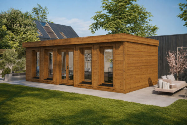 Caseta de madera modelo A totalmente aislada con revestimiento de madera Termotratada – 30 m² / 8 × 4 m