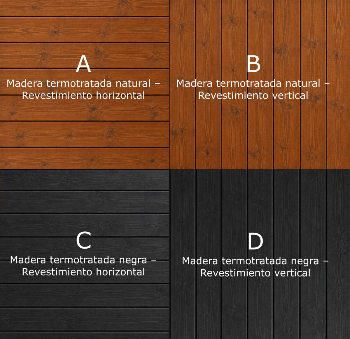 Opciones de revestimiento en madera termotratada ThermoWood: natural y negra, horizontal y vertical