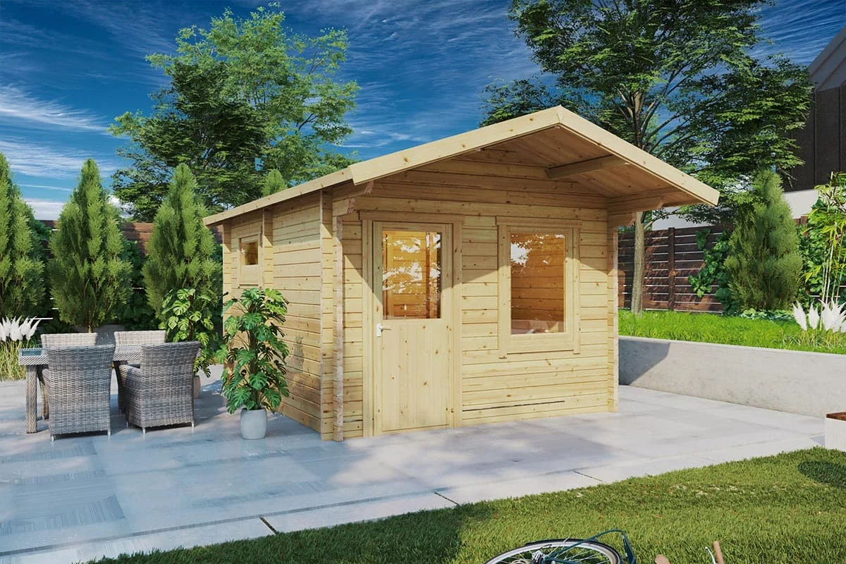 Wooden outdoor sauna cabin in a garden setting