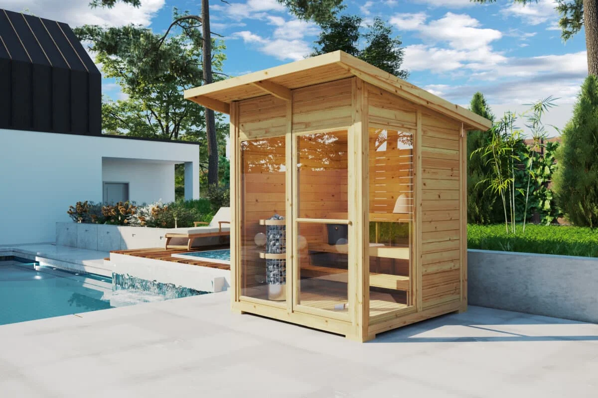 cabaña sauna madera moderna junto piscin
