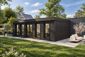 Caseta de madera modelo A totalmente aislada con revestimiento de madera Termotratada Negra