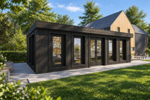 Caseta de madera modelo A totalmente aislada con revestimiento de madera Termotratada Negra
